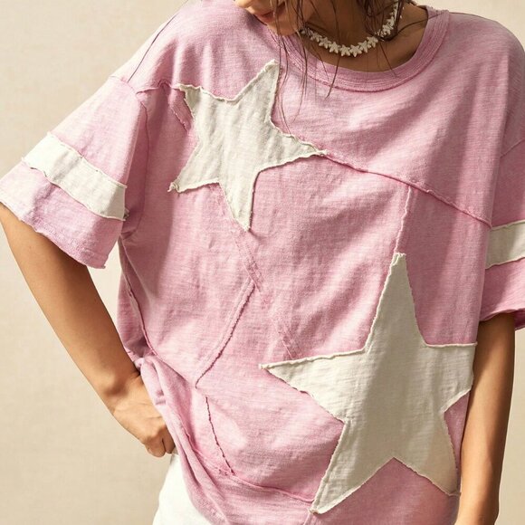 Pink Casual Women's Boho Knit Round Neck Short Sleeve Loose Fit Washed T-Shirt - Picture 6 of 7